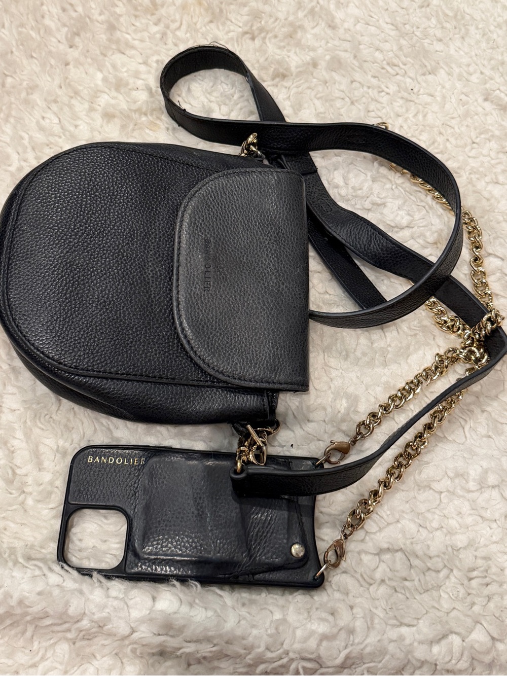 Bandolier Black Pebbled Leather Crossbody and Phone Case with Gold Chain - Picture 2 of 12